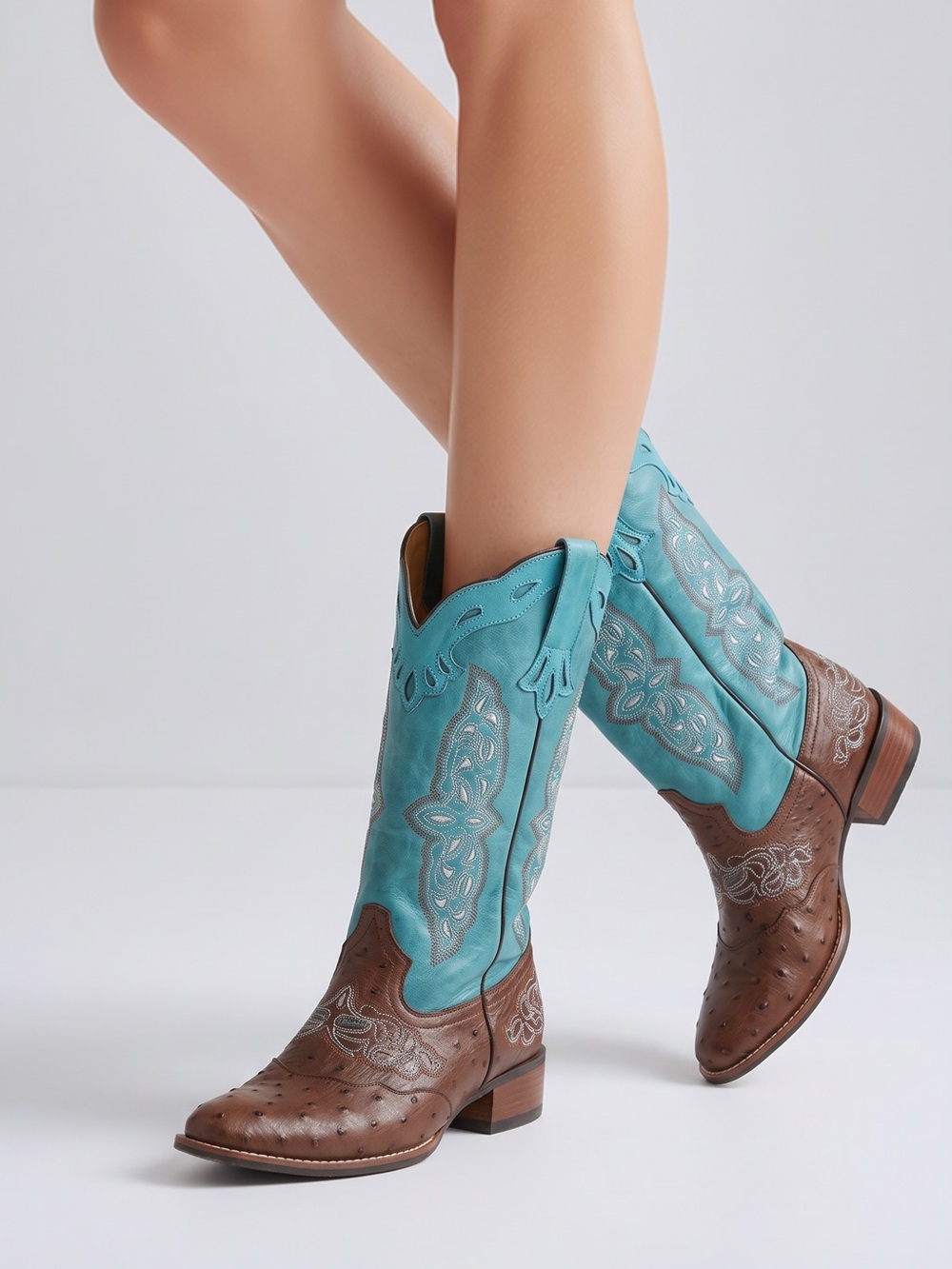 Turquoise & Brown Western Leather Cowboy Boots - Women's